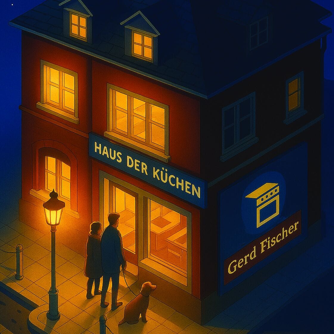 Haustüransicht des Küchenstudios Gerd Fischer im Eichsfeld bei Nacht, mit warmem Licht und einem zeitlosen Design, lädt Kunden zum Betreten ein, um ihre Traumküche zu entdecken.